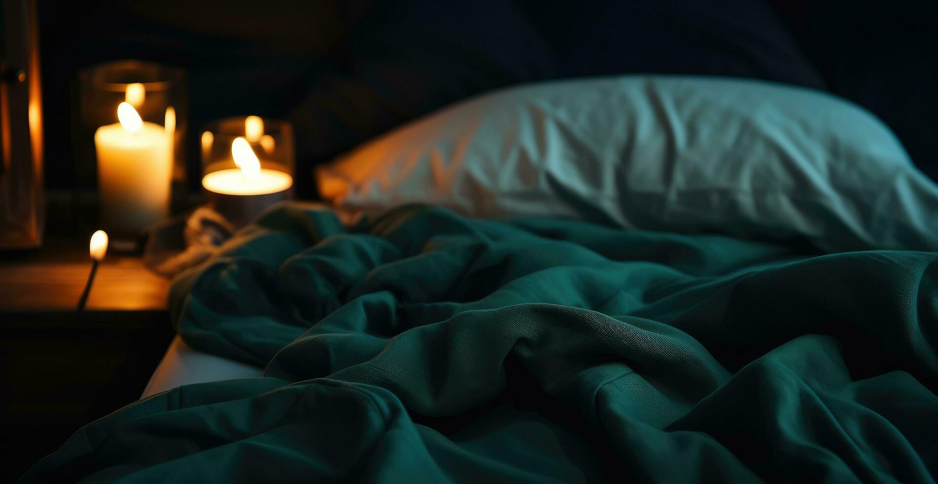 ai généré une lit est couvert avec couvertures et bougies photo