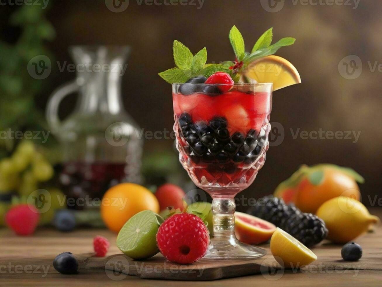 ai généré verre de de l'alcool du froid coctail décoré avec glace, fruit et menthe rester sur bois tableau. Frais jus sur Contexte avec citron, fraise, chaux. photo