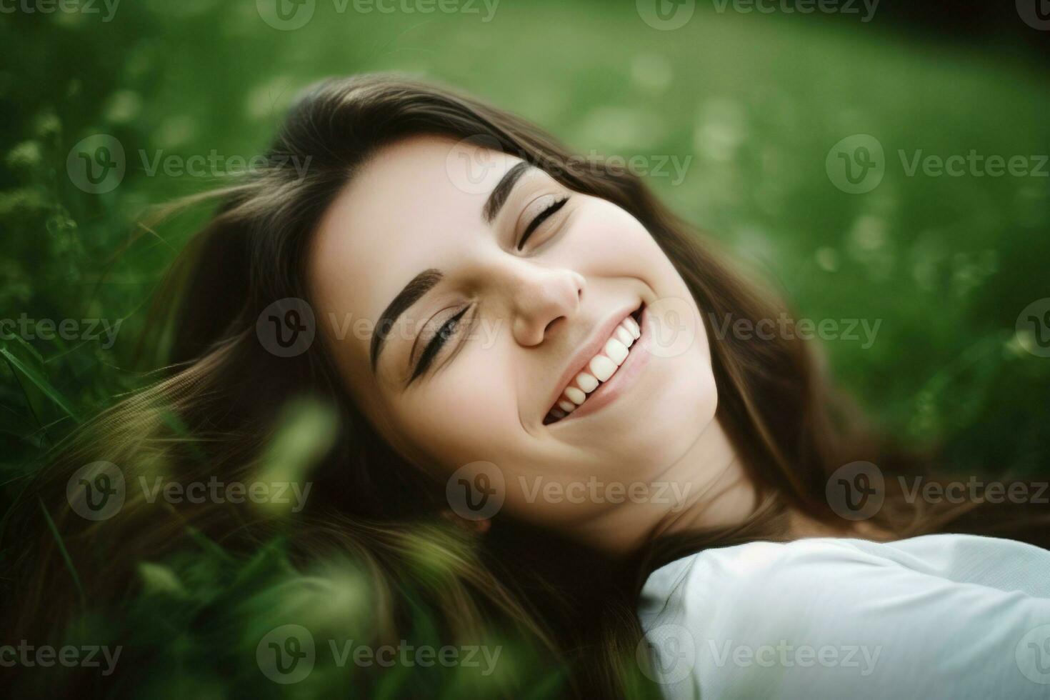 ai généré souriant relaxant brunette sur vert herbe. produire ai photo