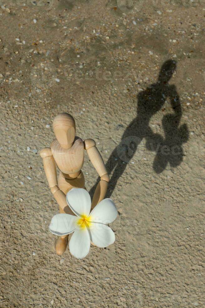 en bois des modèles donner une fleur sur le plage. photo