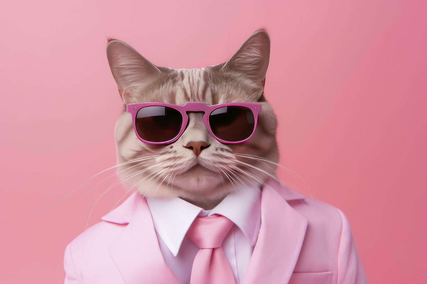 ai généré une chat est portant des lunettes de soleil et costume sur rose Contexte. ai généré photo