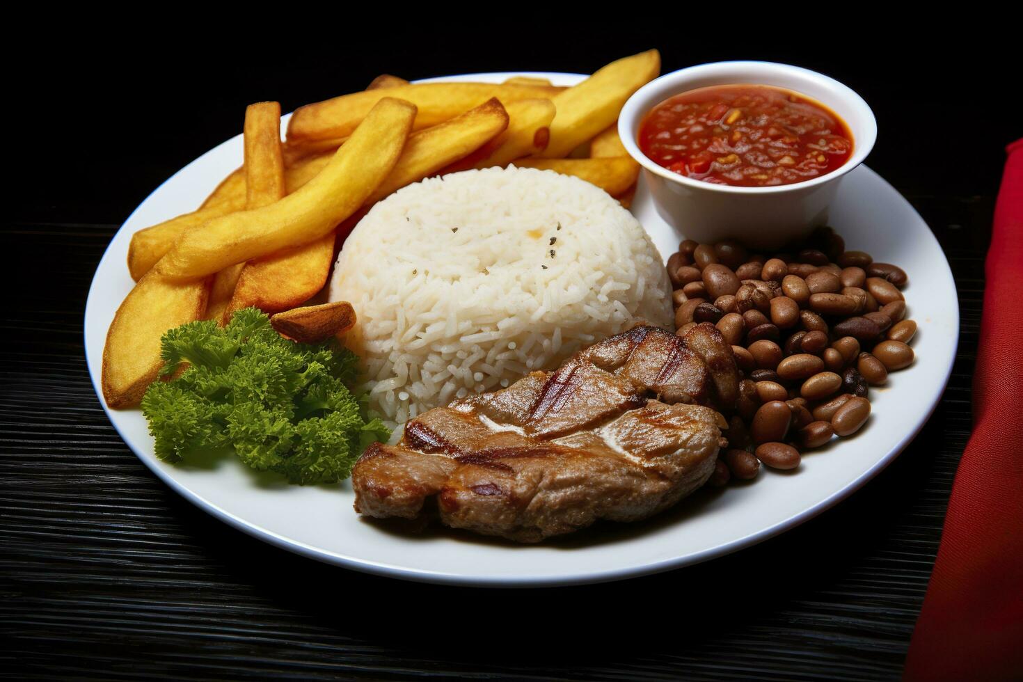 ai généré riz, haricots, français frites, et Viande. génératif ai photo