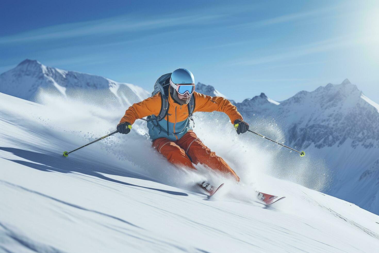 ai généré skieur ski sur Montagne pente. ai généré photo