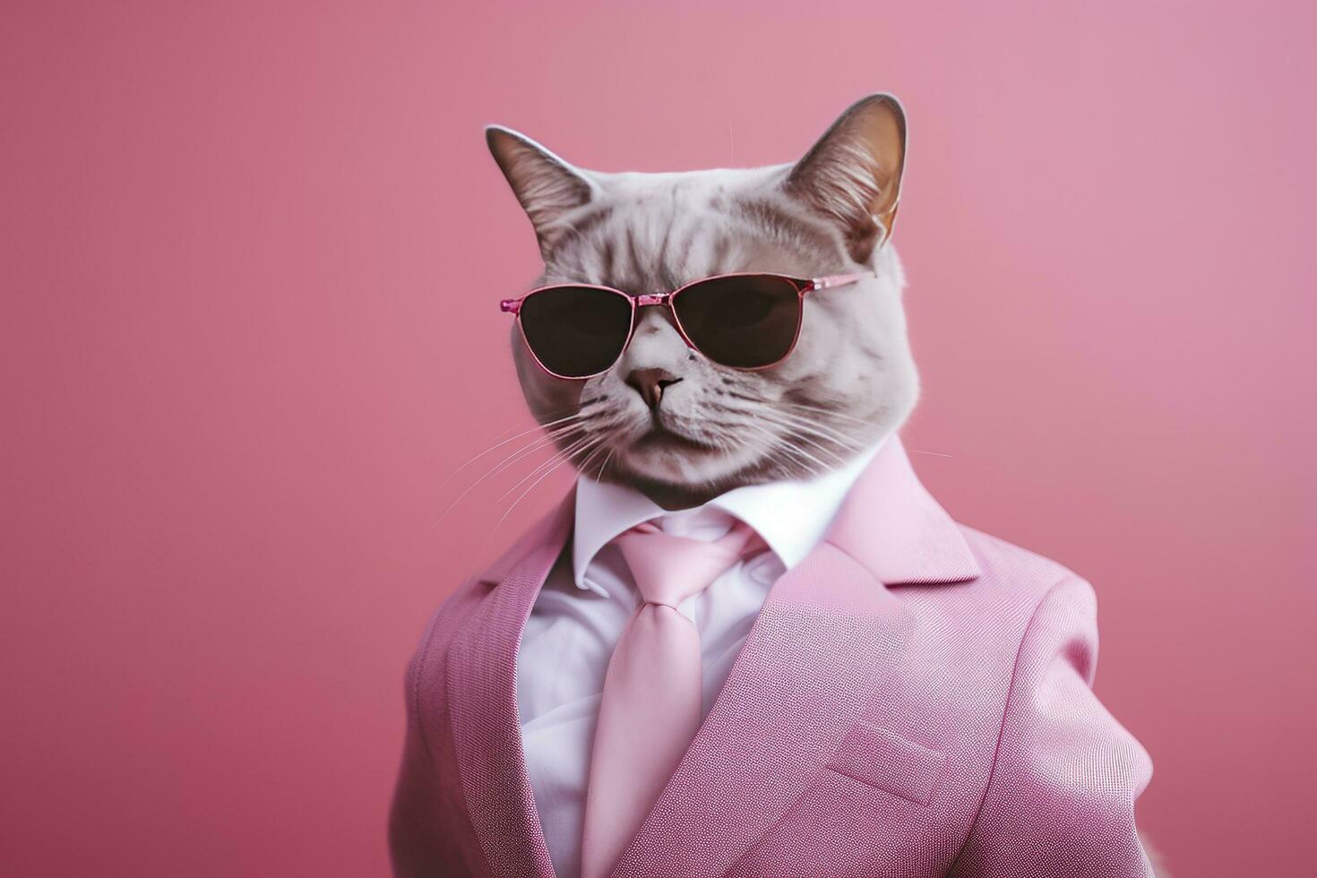 ai généré une chat est portant des lunettes de soleil et costume sur rose Contexte. ai généré photo