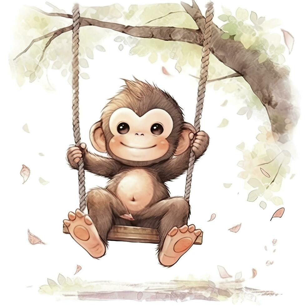 ai généré mignonne content bébé singe sur oscillations sur une arbre dans aquarelle. ai généré photo