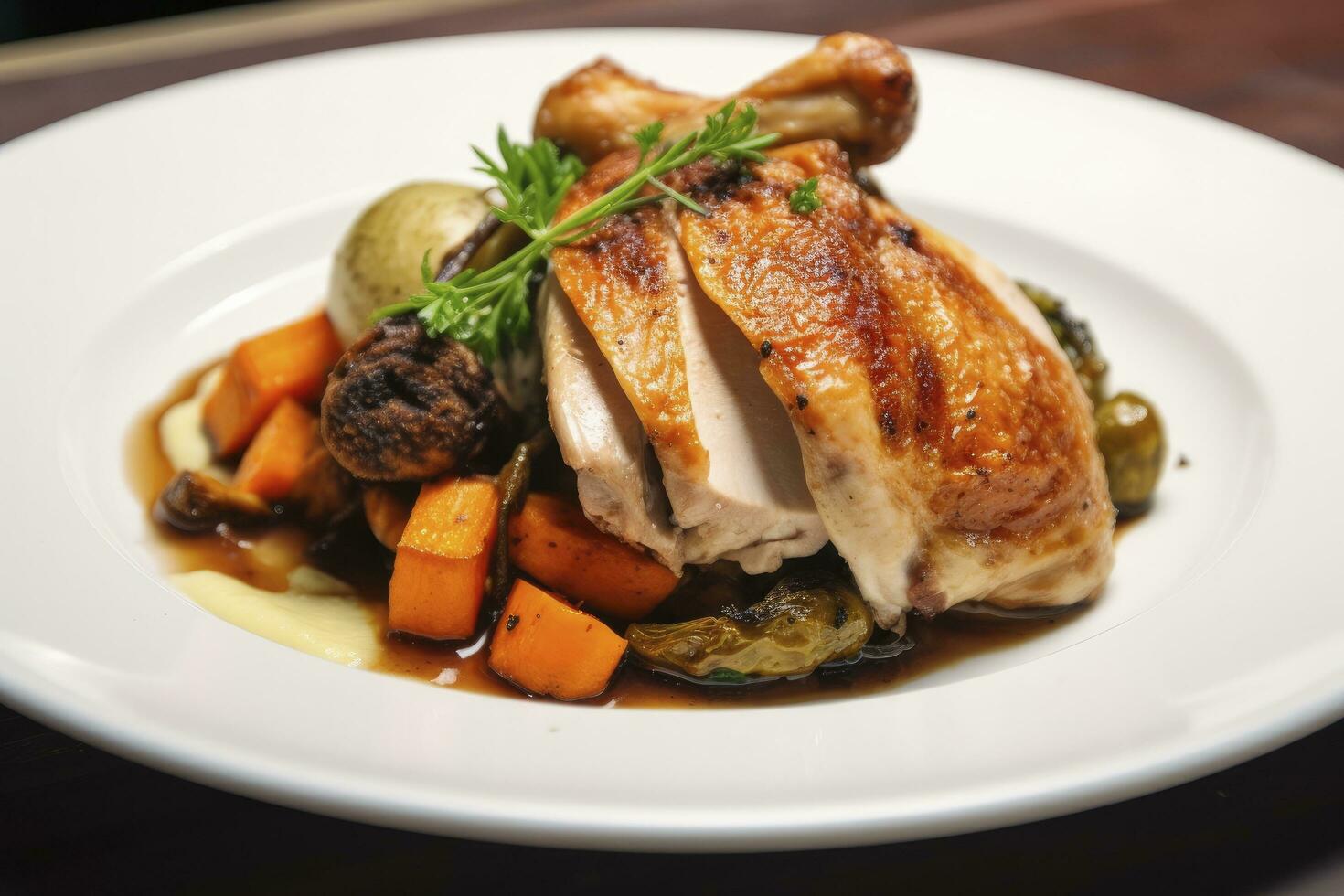 ai généré plaqué poulet rôti dîner sur une blanc assiette avec carotte et morille champignon. ai généré. photo