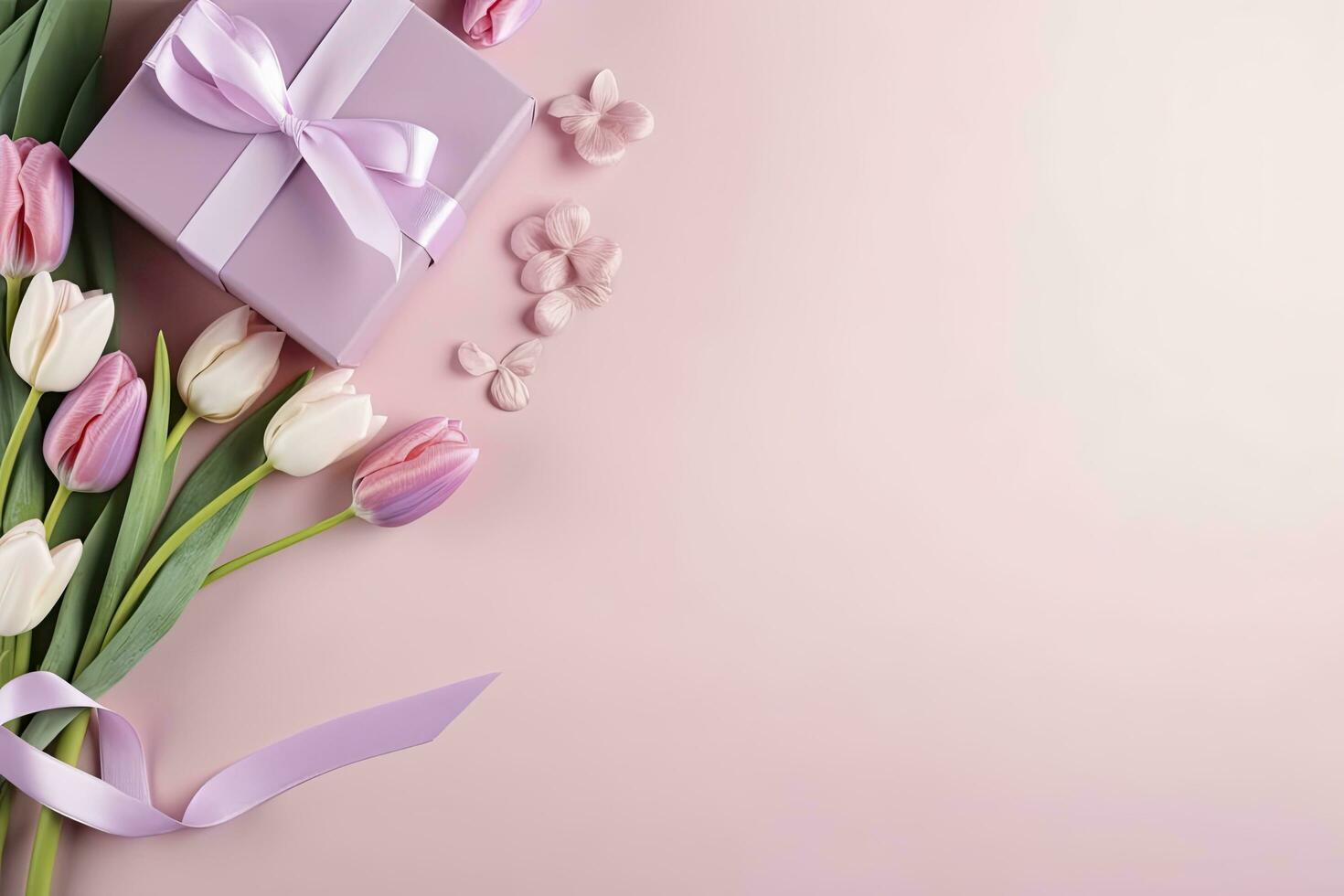 ai généré de la mère journée concept. rose cadeau boîte avec ruban arc et une bouquet de tulipes. ai généré photo