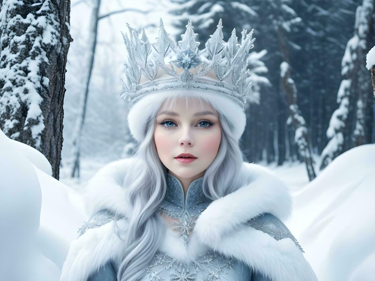 ai généré neige reine avec couronne dans neige dans hiver forêt ai produire photo