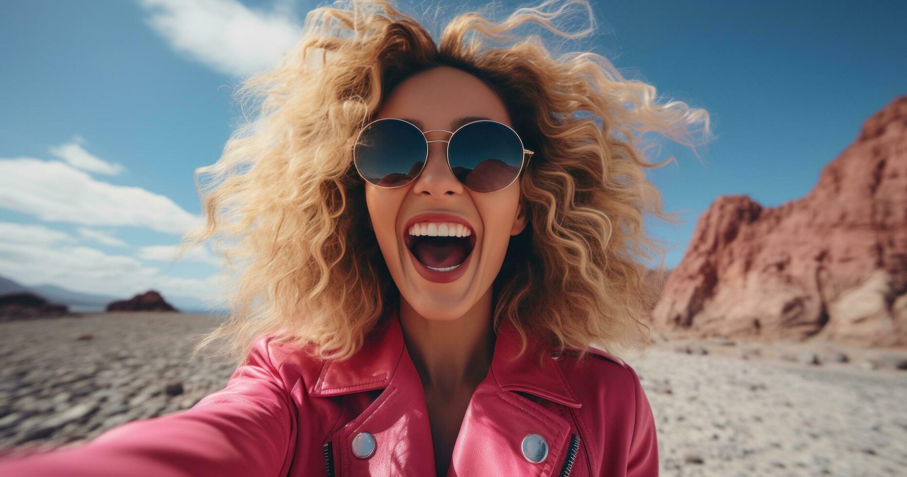 ai généré femme dans rose cuir veste prise selfie avec rouge mobile téléphone sur le plage photo