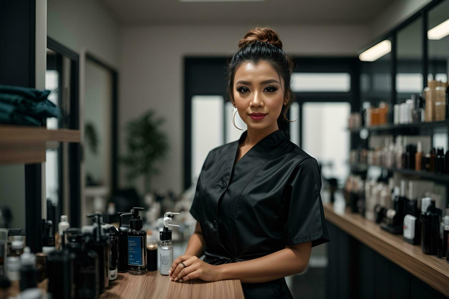 ai généré adorable cosmétologue avec clair peau portant noir médical uniforme posant à l'intérieur photo