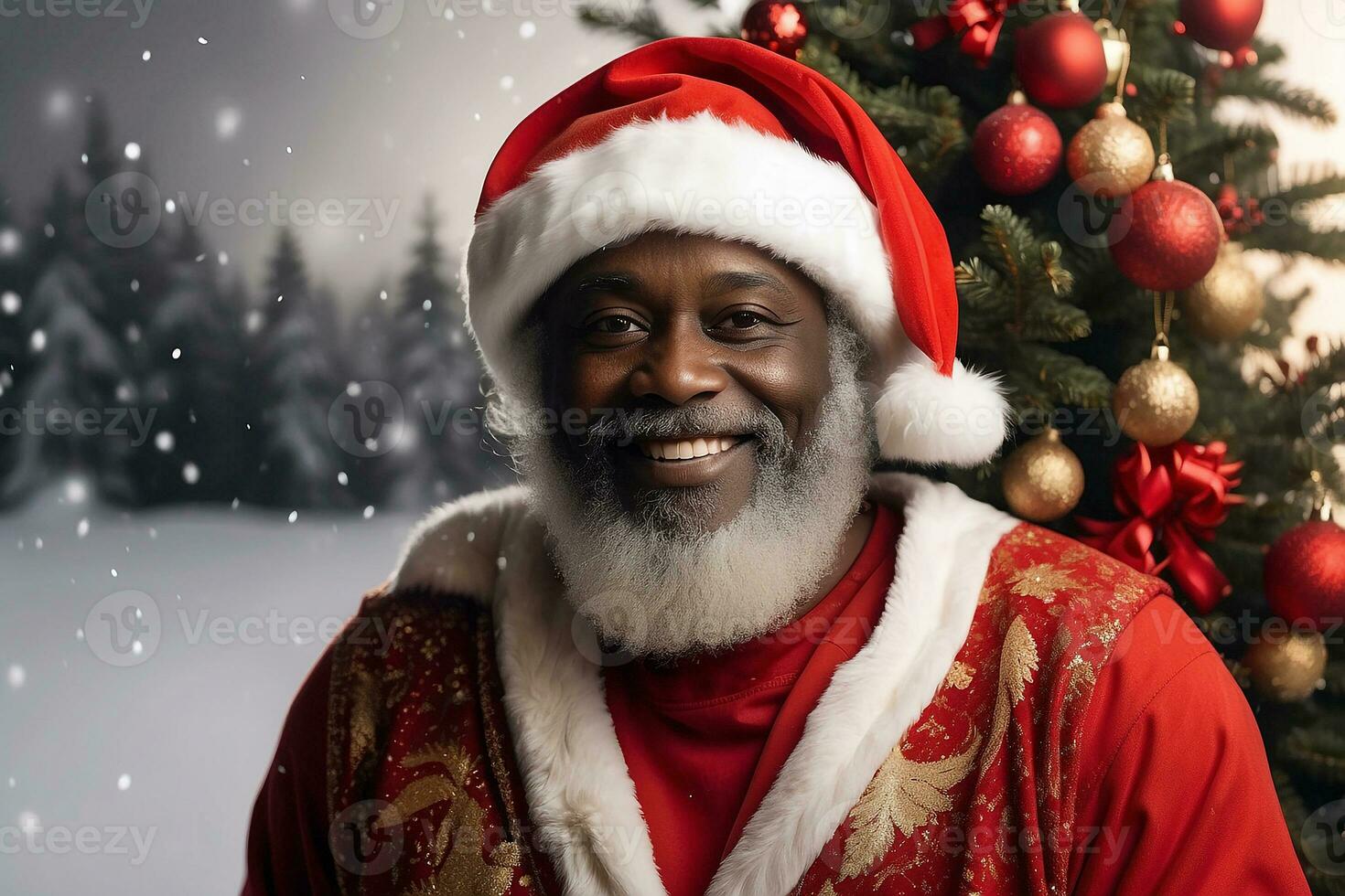 ai généré américain Père Noël claus noir afro Père Noël dans blanc neige paysage content souriant portrait joyeux photo