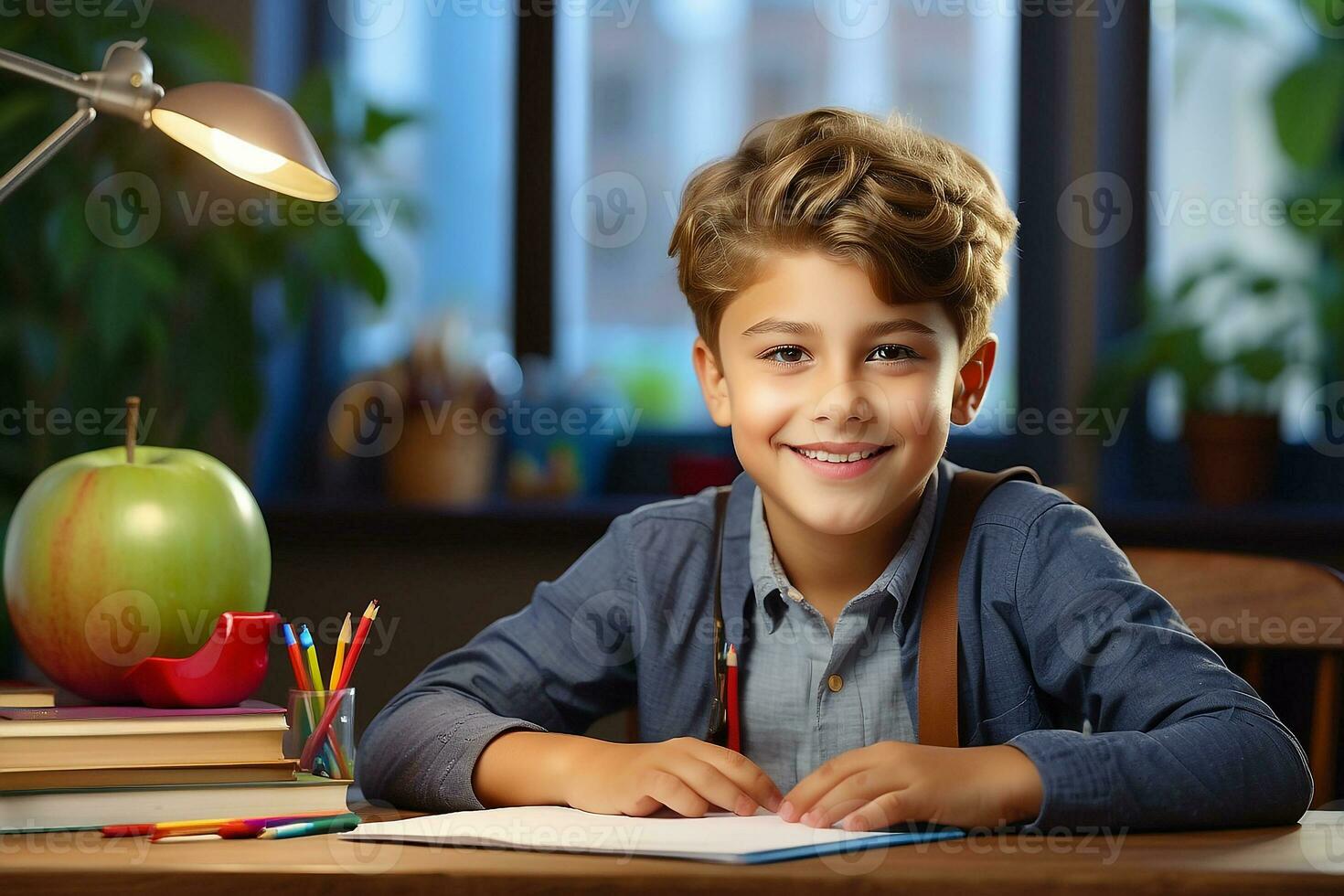 ai généré souriant américain enfant école garçon et fille en train d'étudier en ligne sur portable à Accueil photo