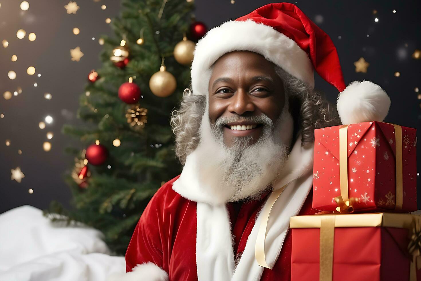 ai généré américain Père Noël claus noir afro Père Noël dans blanc neige paysage content souriant portrait joyeux photo