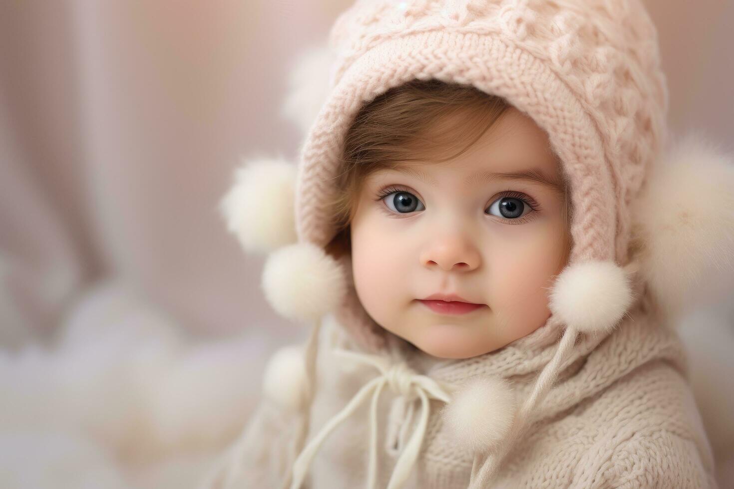 ai généré mignonne peu fille dans une tricoté chapeau et écharpe sur une lumière arrière-plan, adorable peu bébé portrait, mignonne bébé fille intérieur, ai généré photo