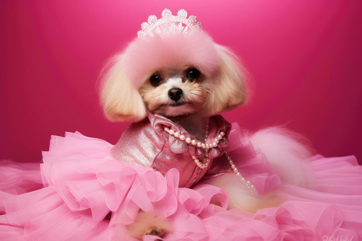 ai généré mignonne caniche chiot dans rose tutu sur rose arrière-plan, adorable chien dans une rose Barbie costume, ai généré photo