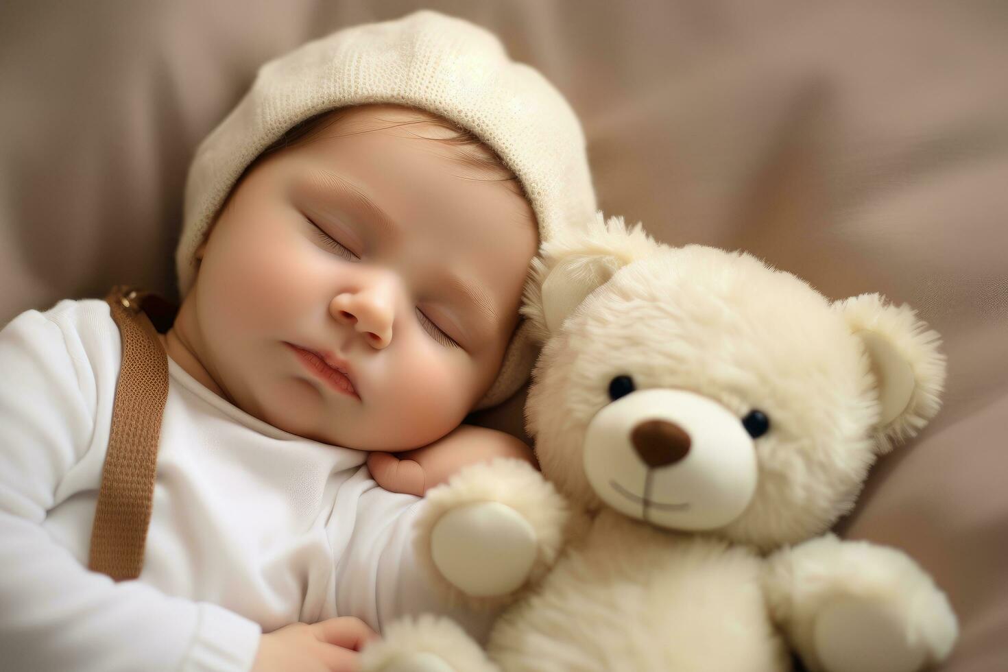 ai généré mignonne peu bébé en train de dormir avec nounours ours sur lit à maison, une nouveau née bébé en train de dormir avec une nounours ours sur une confortable blanc lit, ai généré photo