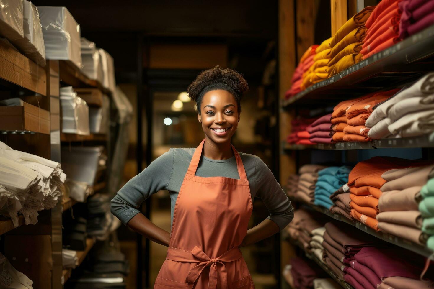 ai généré portrait de une souriant femelle Personnel dans tablier à le Vêtements magasin, une femme boutique ouvrier sourires, ai généré photo