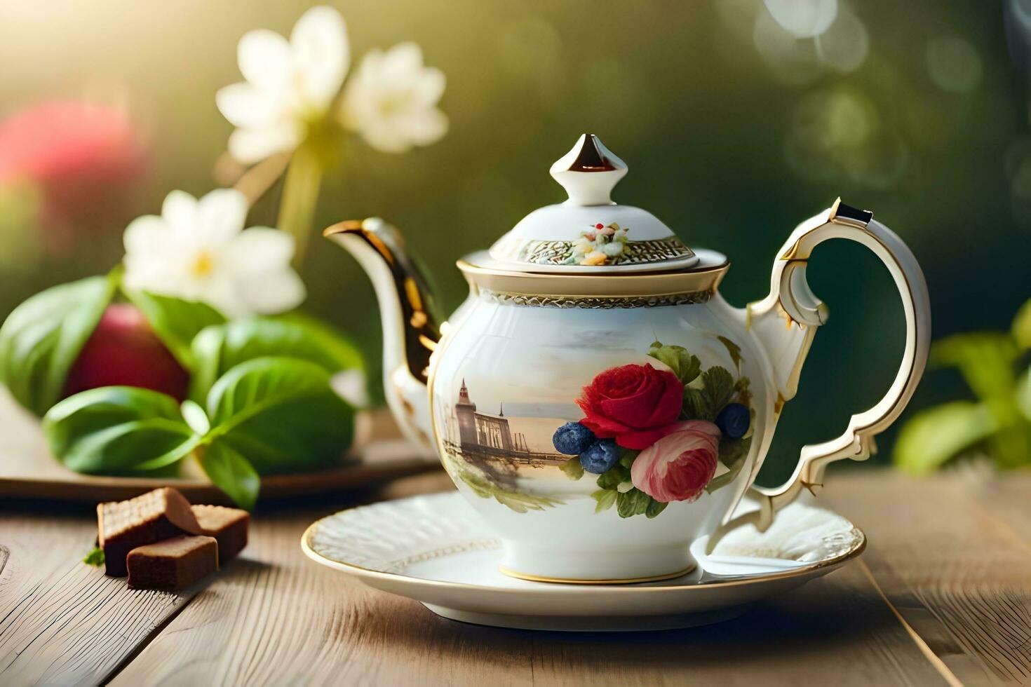 ai généré une bleu et blanc Chine théière et une tasse de thé sur une en bois table dans. généré par ai photo