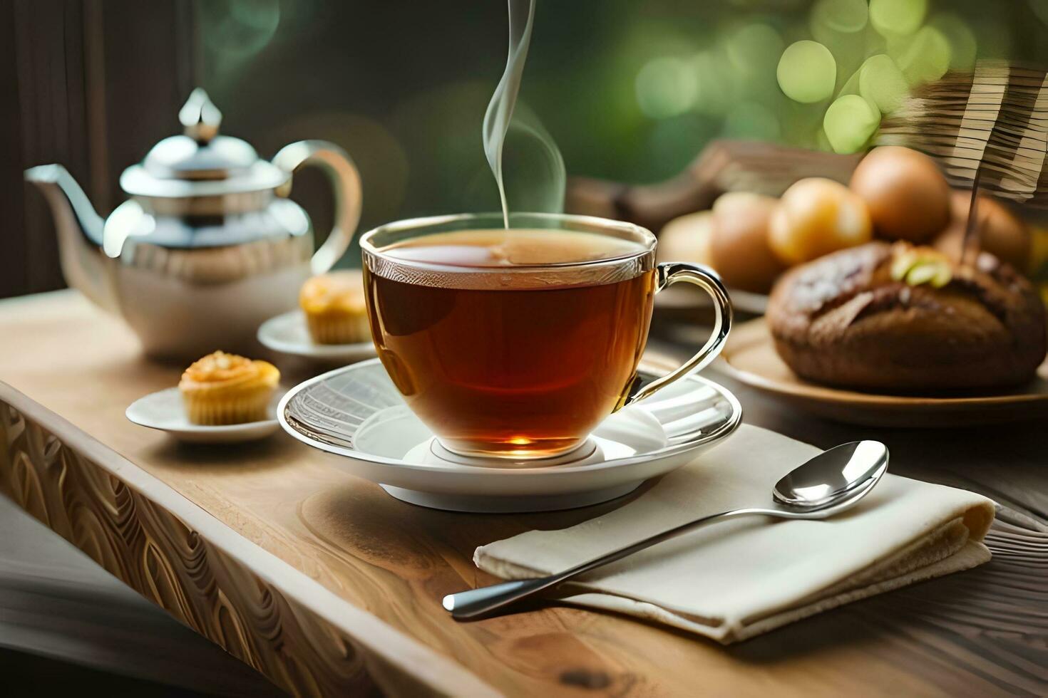 ai généré une bleu et blanc Chine théière et une tasse de thé sur une en bois table dans. généré par ai photo