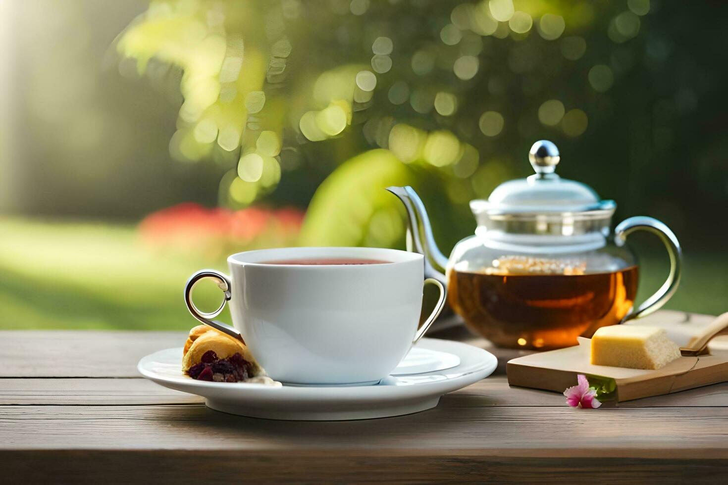 ai généré une bleu et blanc Chine théière et une tasse de thé sur une en bois table dans. généré par ai photo