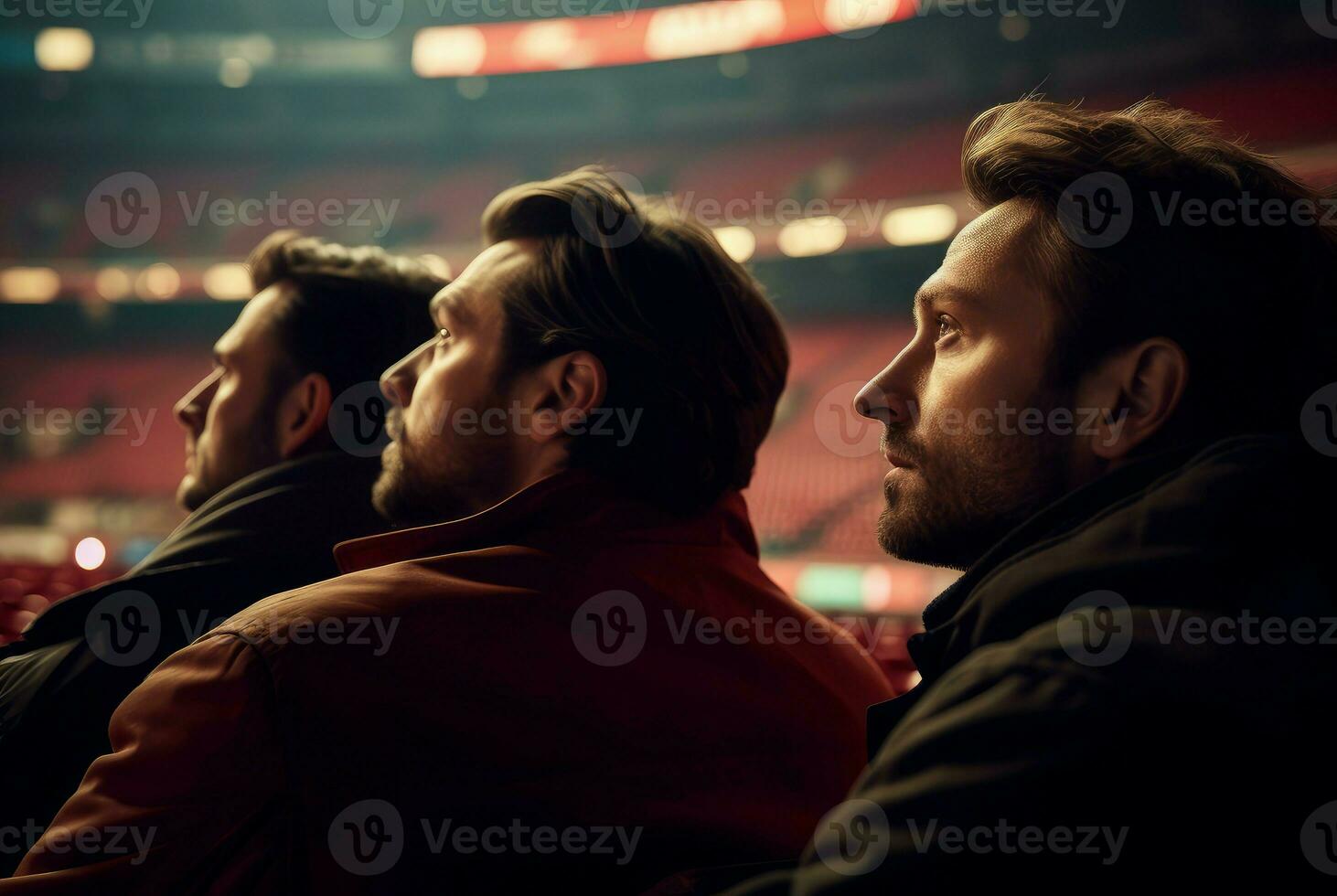 ai généré copains groupe sur Football champ tribuns. produire ai photo