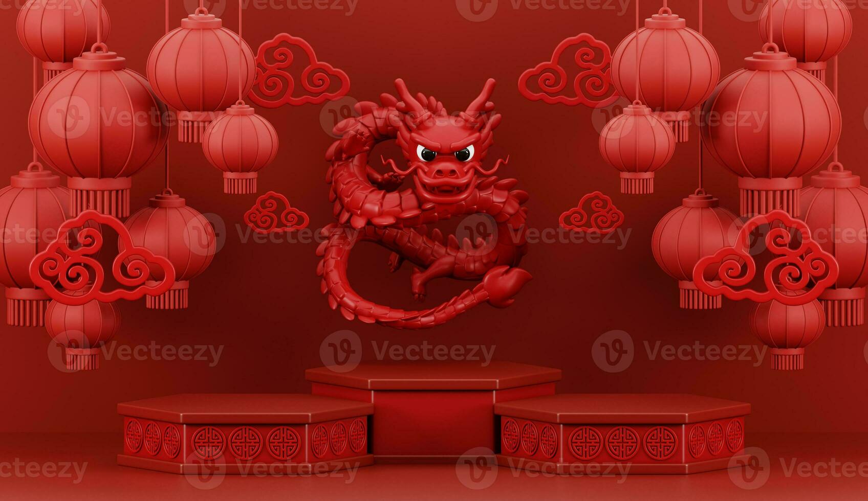 3d rendre de rouge dragon flottant sur podium avec lanternes pour content chinois Nouveau année 2024 sur rouge Contexte. photo