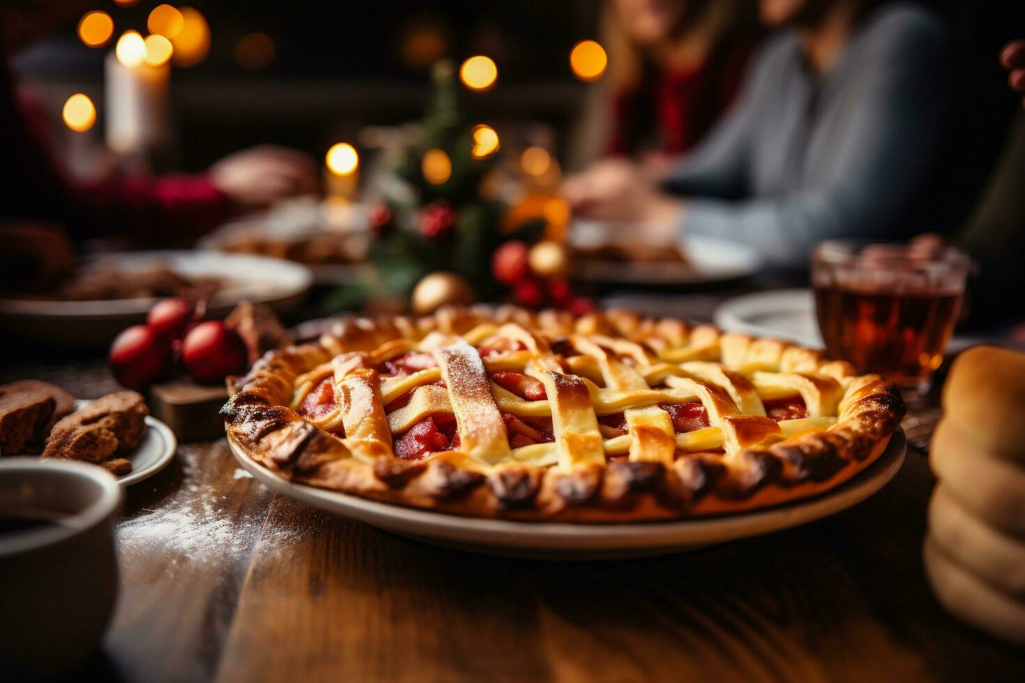 ai généré délicieux fait maison Pomme tarte sur rustique en bois table avec brûlant bougies photo