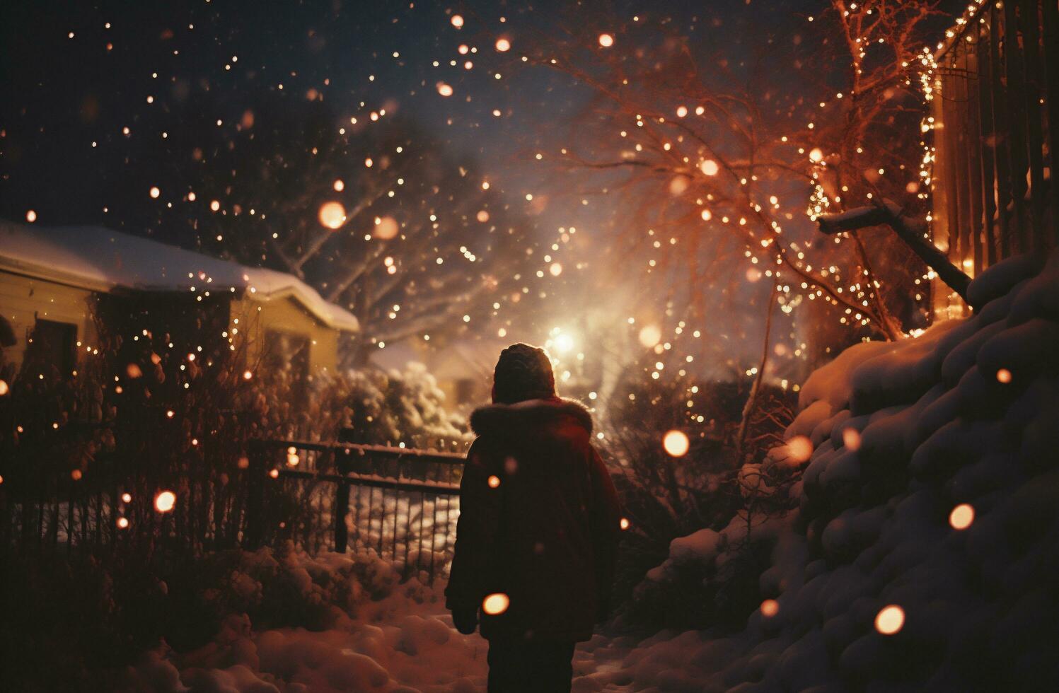 ai généré une garçon dans une rouge manteau des promenades par le couvert de neige ville à nuit. photo