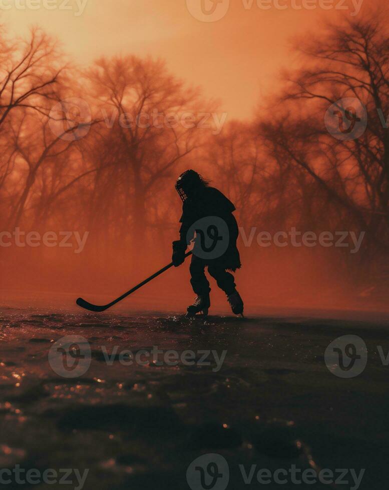 ai généré le hockey joueur sur la glace dans le hiver forêt. silhouette photo