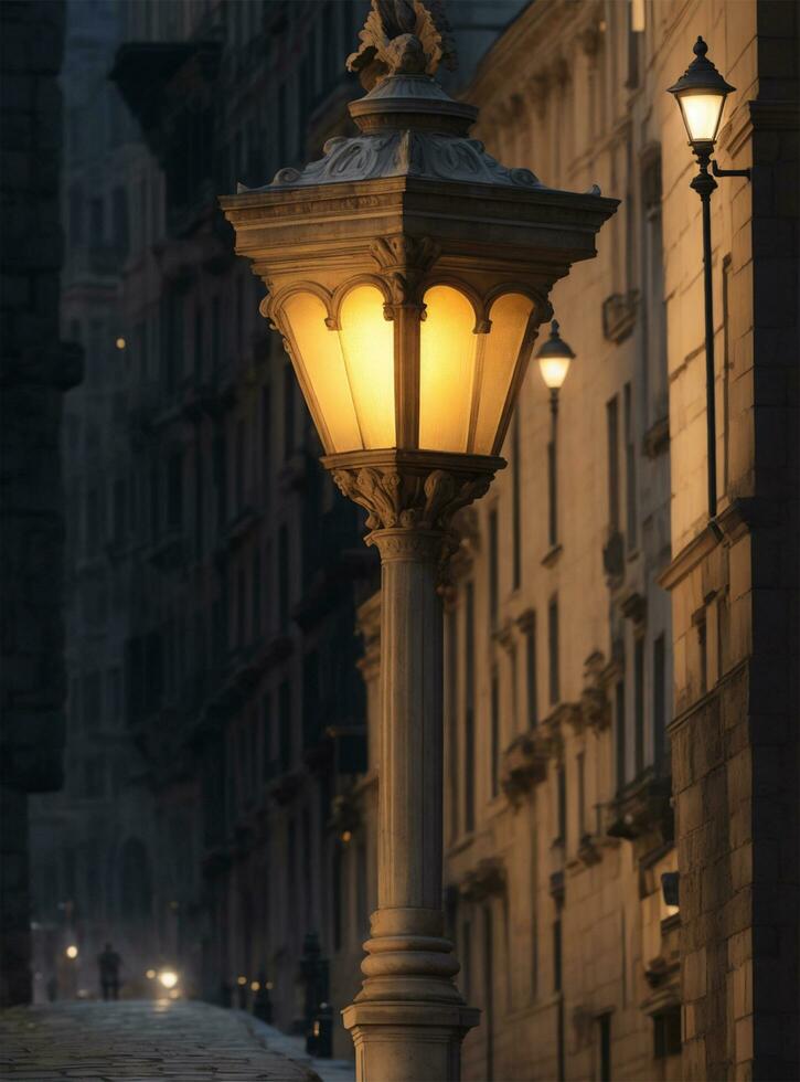 ai généré romain Empire rue lampe à nuit dans le vieux ville de Madrid, Espagne. photo