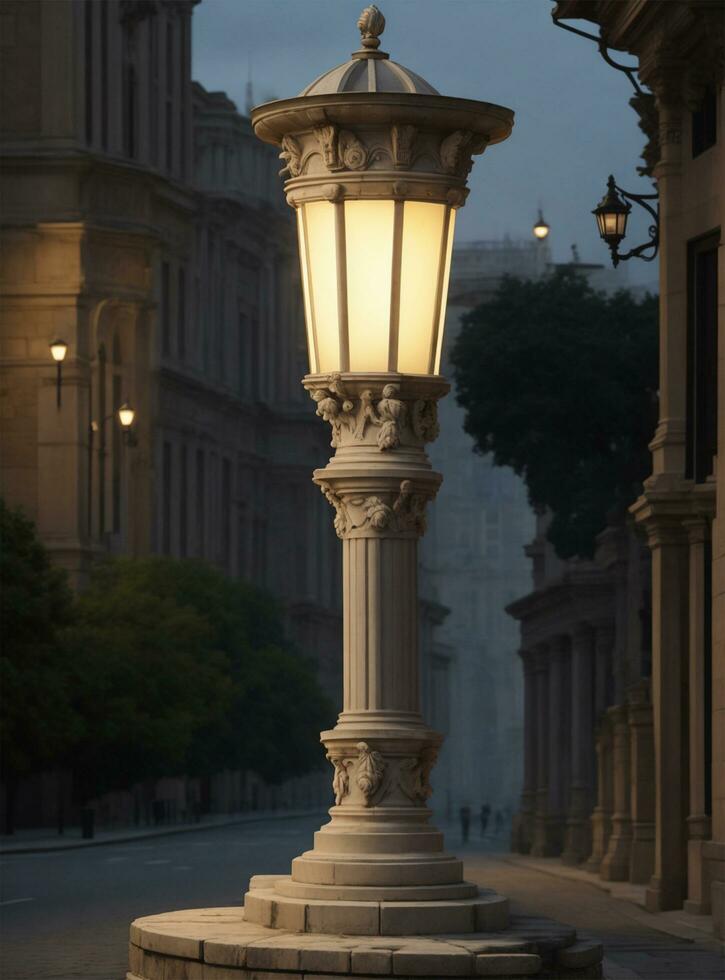 ai généré romain Empire rue lampe à nuit dans le vieux ville de Madrid, Espagne. photo