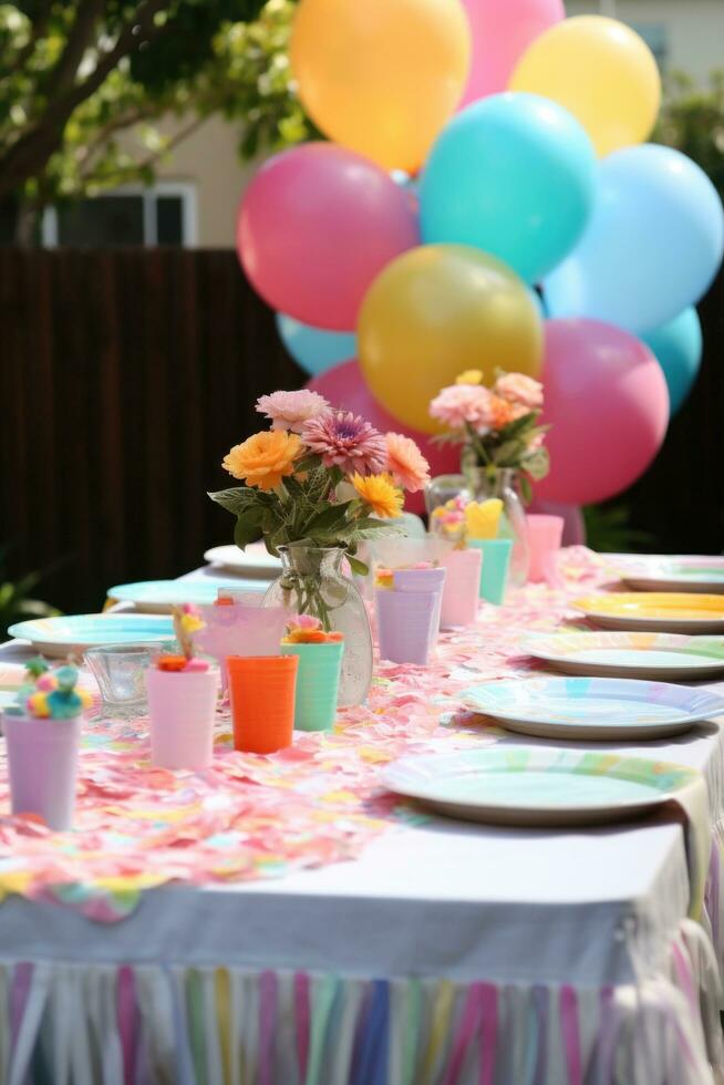 ai généré de fête table réglage avec coloré assiettes, et des ballons, prêt pour une amusement et animé anniversaire fête photo