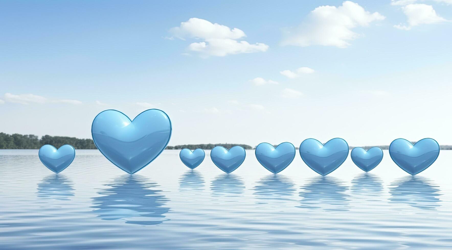 ai généré bleu cœurs de valentines sur le l'eau contre ciel Contexte photo