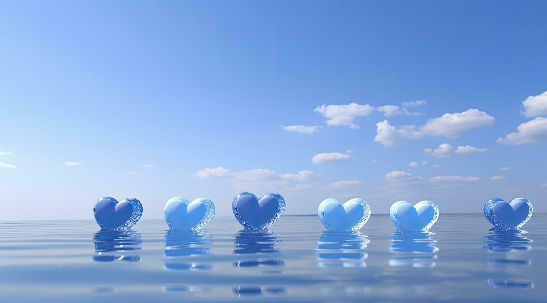 ai généré bleu cœurs de valentines sur le l'eau contre ciel Contexte photo