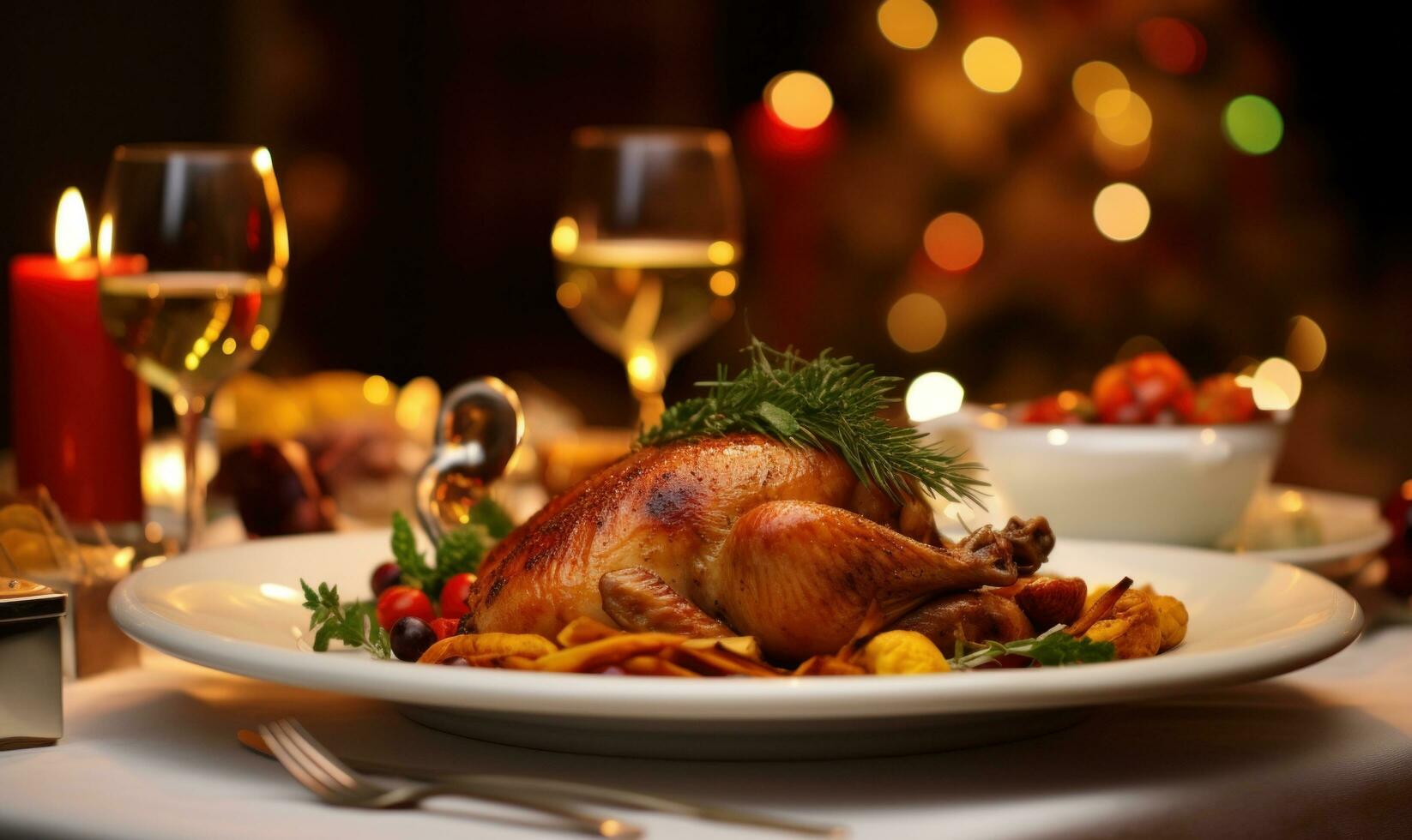 ai généré action de grâces dîner est étant servi sur une blanc assiette photo