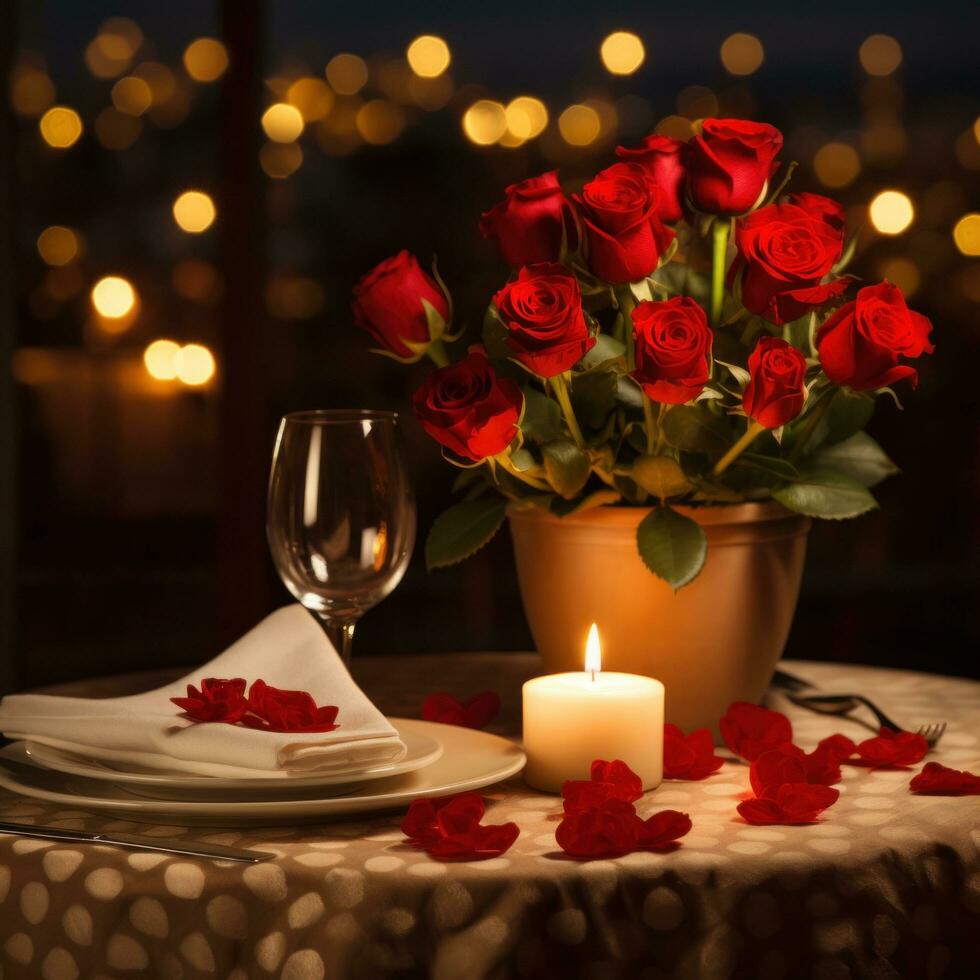 ai généré romantique dîner réglage avec rouge des roses et bougies photo