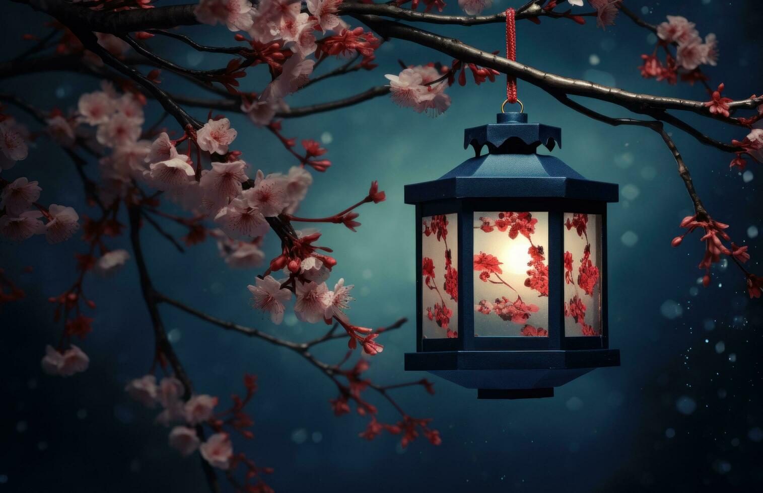 ai généré rouge bougie lanternes sur le branche de un asiatique arbre avec rose fleurs photo