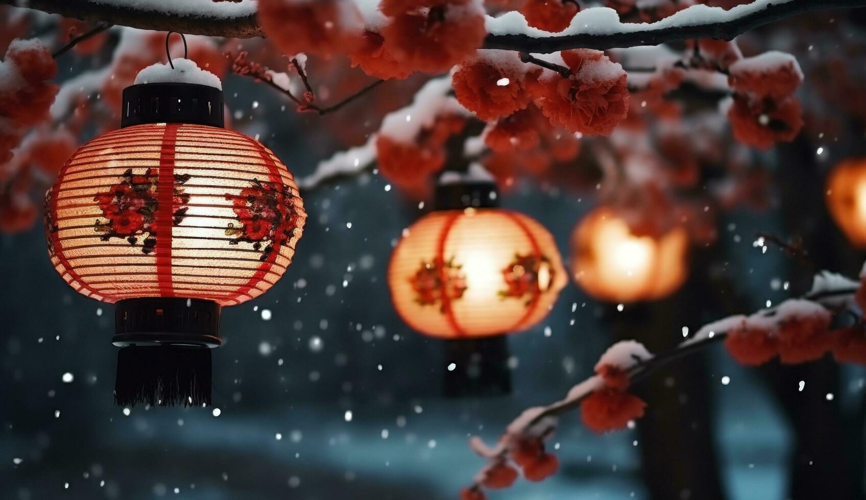 ai généré lanternes sur une arbre à nuit avec neige photo