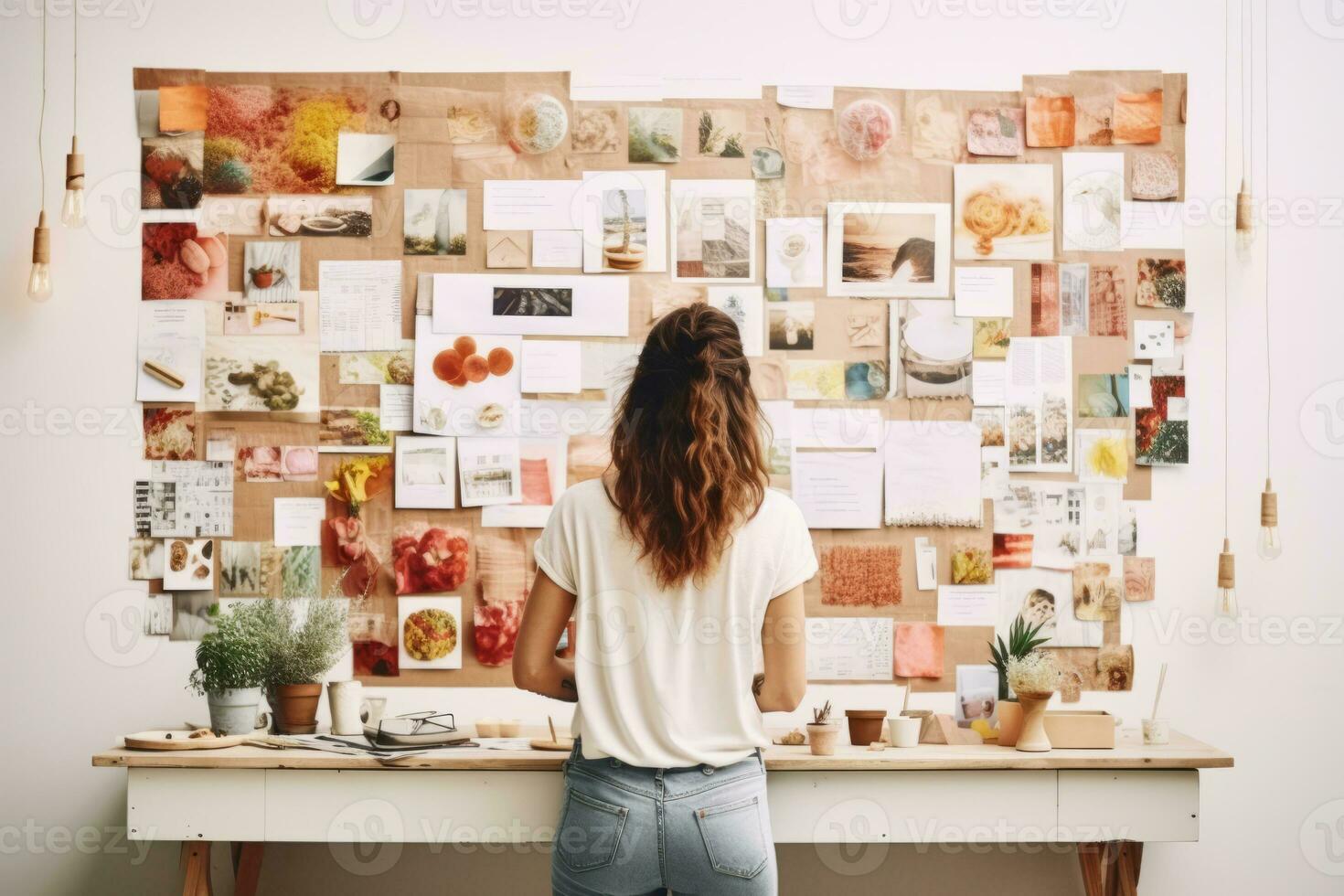 ai généré retour vue de femme création vision planches avec buts et aspirations. génératif ai photo