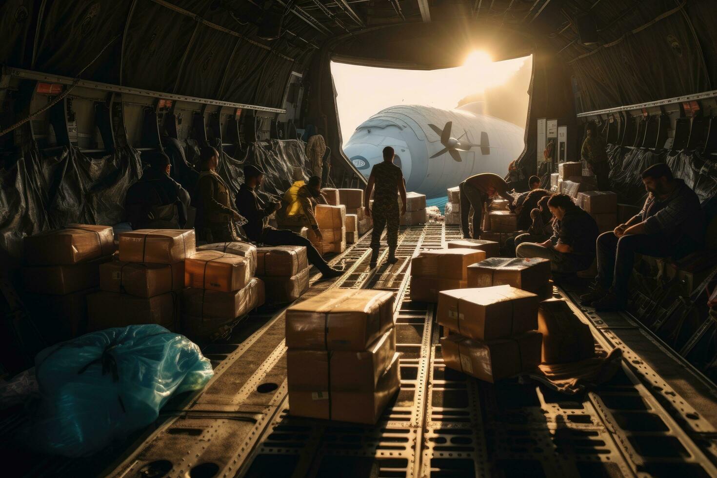 ai généré gens dans le aéroport, aide ouvriers déchargement médical Provisions de une cargaison avion dans une éloigné zone, ai généré photo