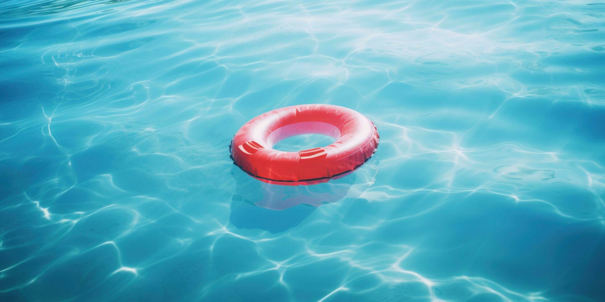 ai généré rouge gonflable nager bague flottant dans un bleu bassin photo