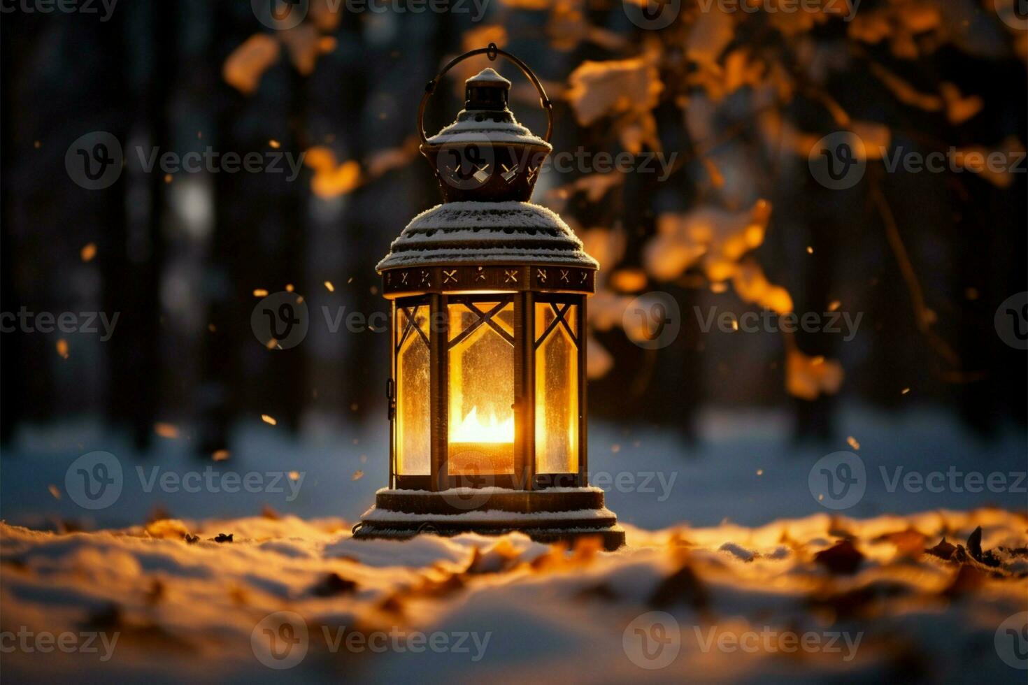 ai généré brûlant embrasé lanterne dans hiver neige magnifique hiver Contexte ai généré photo