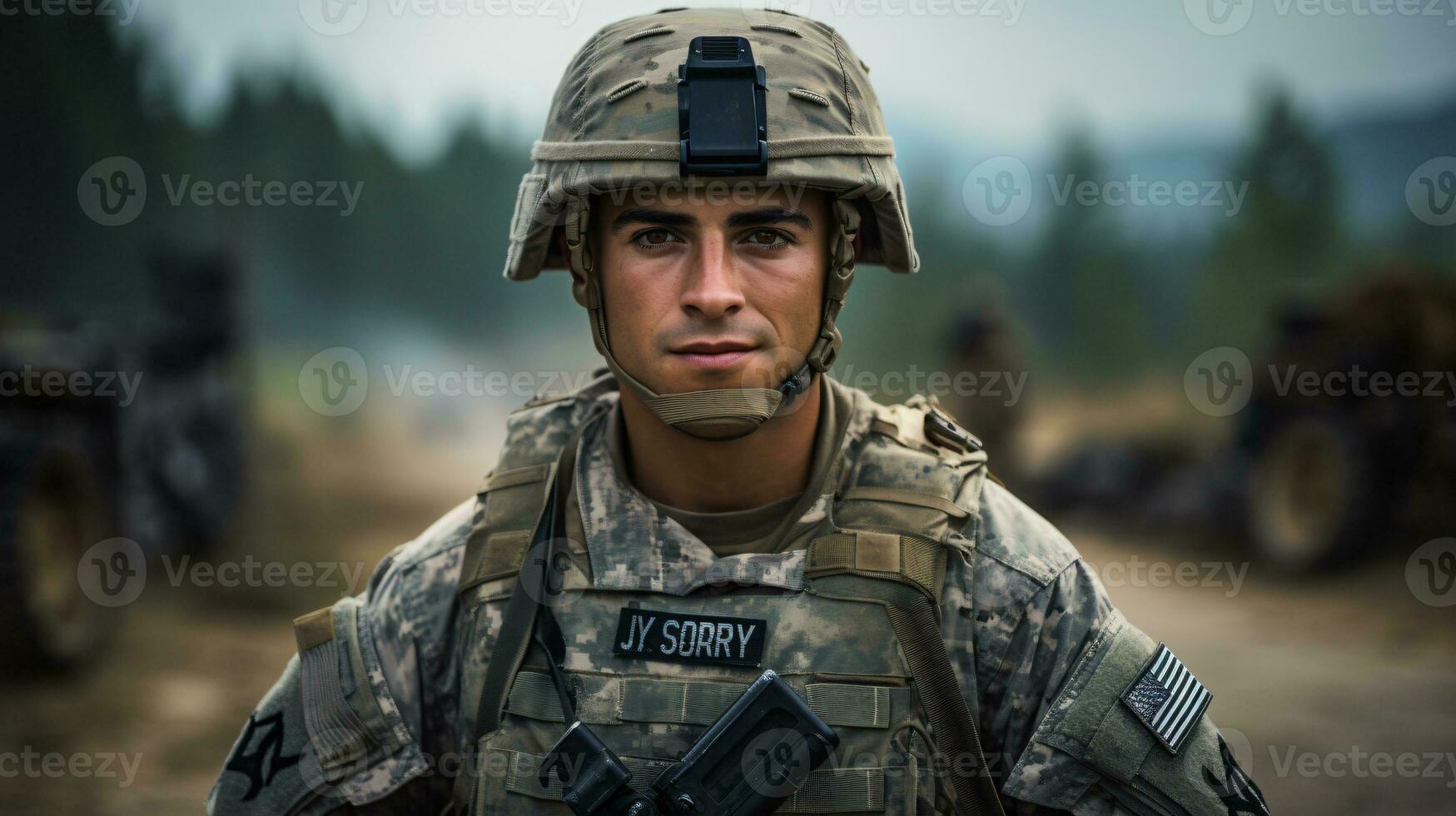 ai généré portrait de une soldat dans une guerre photo