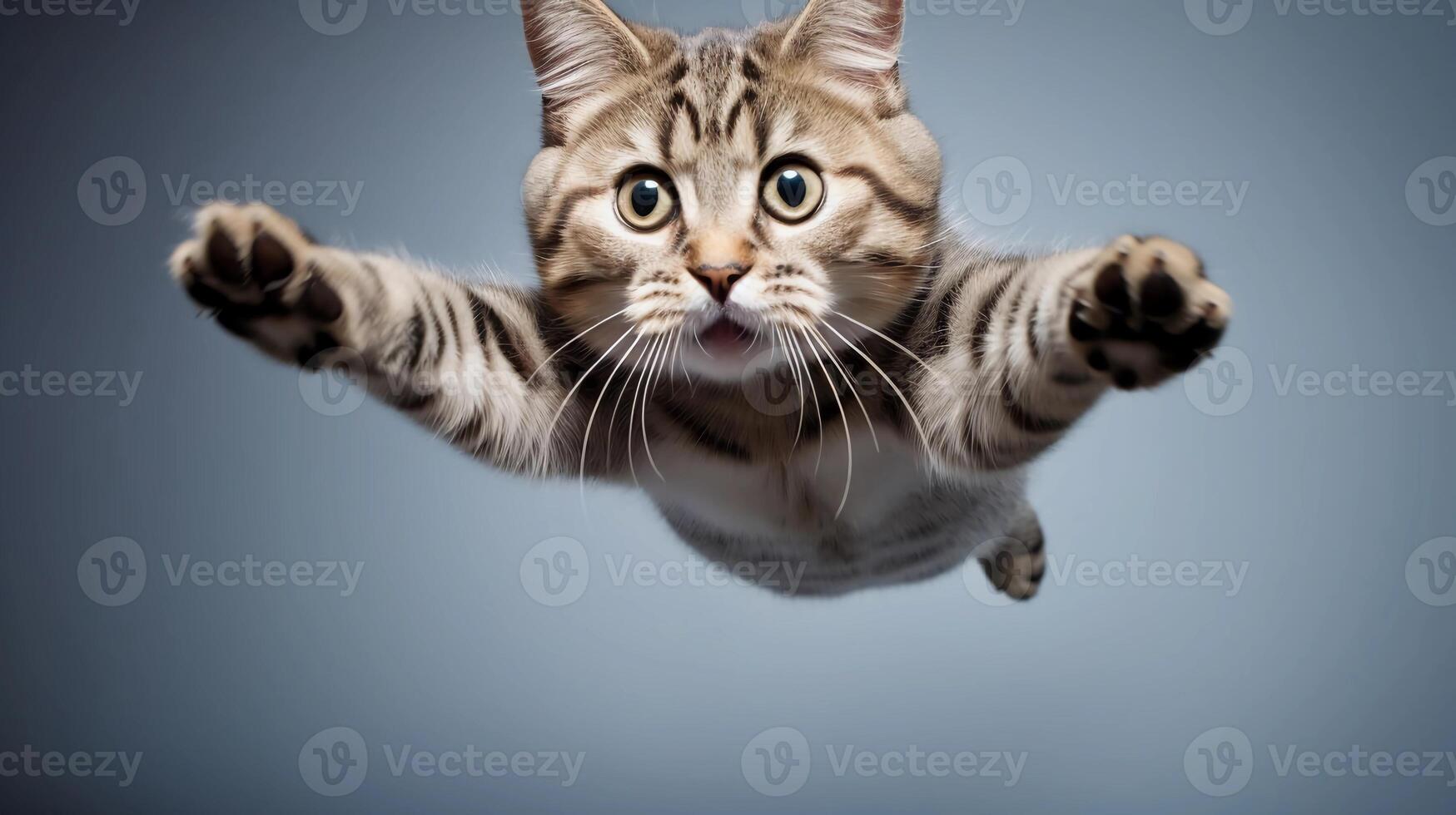 ai généré réalité photo de mignonne en volant chats. photo de une mignonne chat sauter dans le air