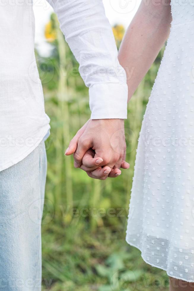 beau couple debout dans les champs de tournesols et main dans la main. photo