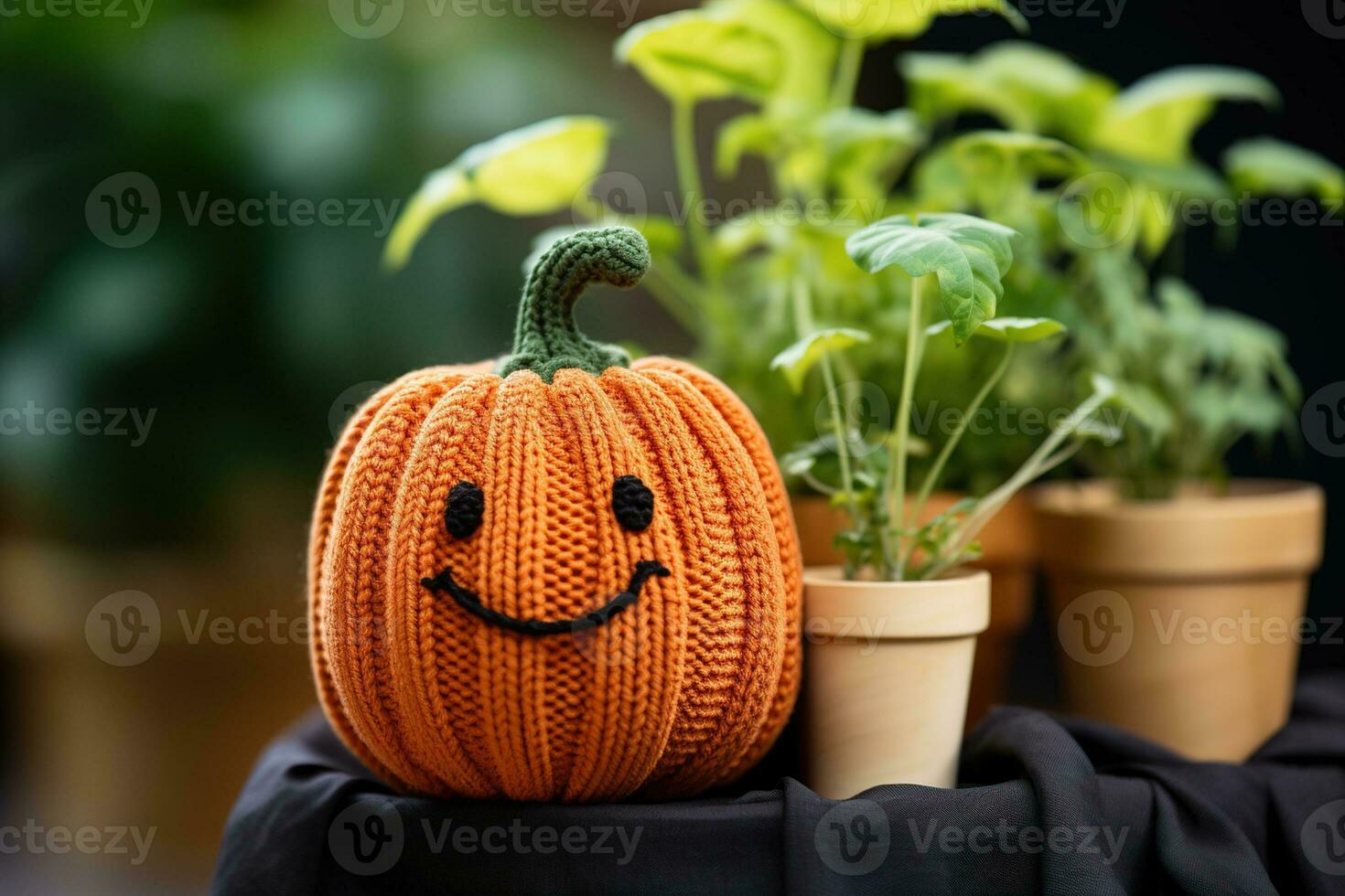 ai généré fermer de mignonne tricoté citrouille avec maison les plantes sur Contexte photo