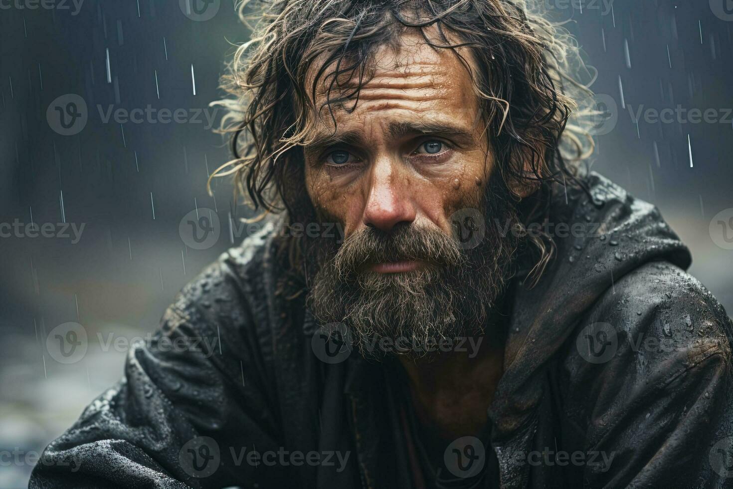 ai généré portrait de triste sans abri homme dans le pluie dans le ville photo