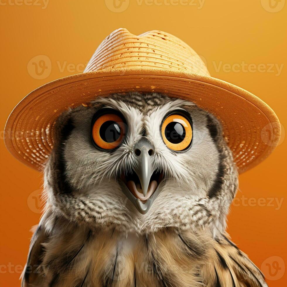 ai généré proche en haut portrait de une surpris hibou dans une paille chapeau sur Jaune Contexte photo