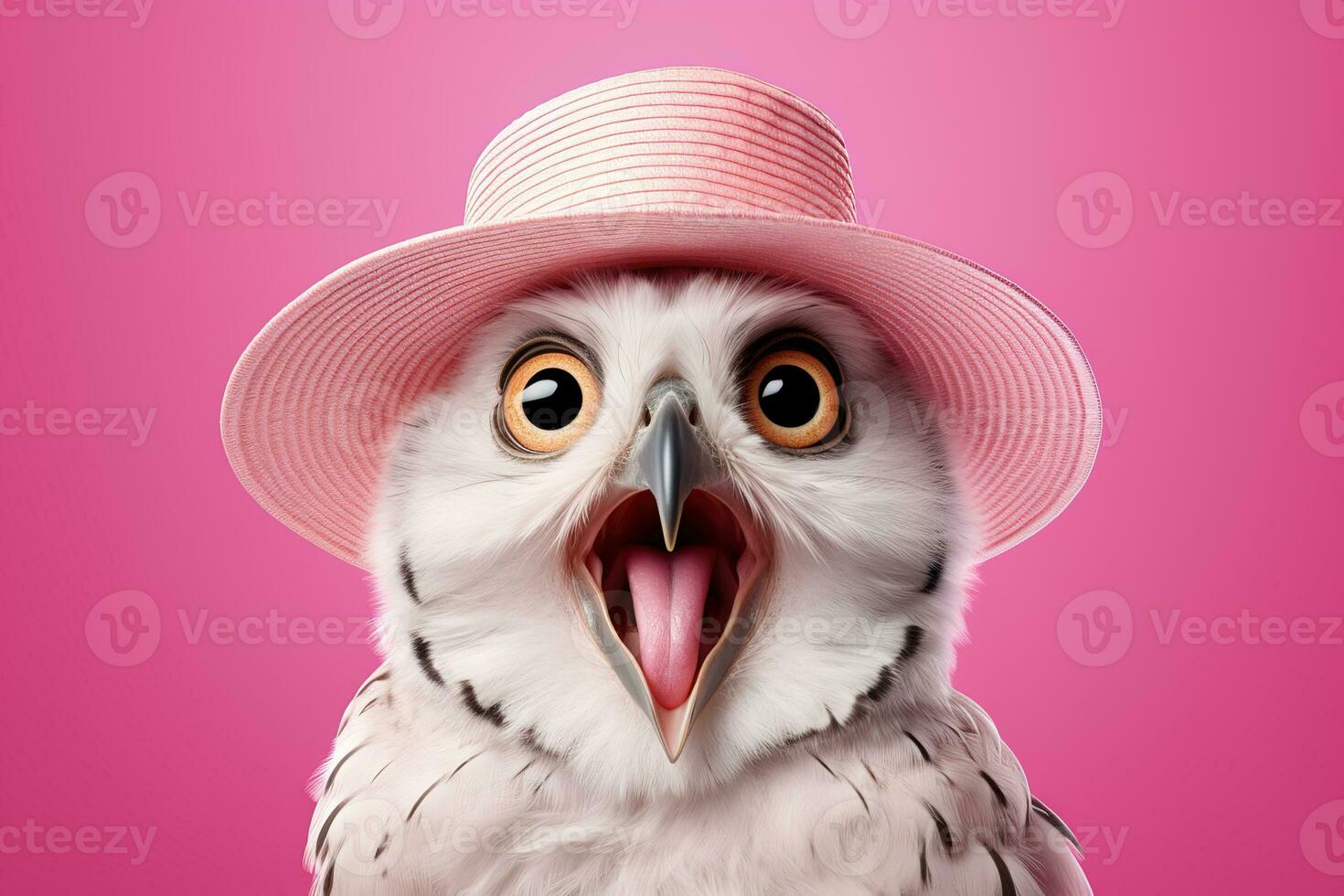 ai généré proche en haut portrait de une surpris hibou dans une rose chapeau sur rose Contexte photo