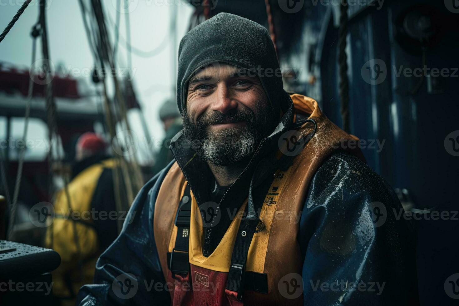 ai généré souriant personnes âgées marin pêcheur dans une chapeau et plongée costume sur une flou Contexte de le plate-forme de un vieux navire photo
